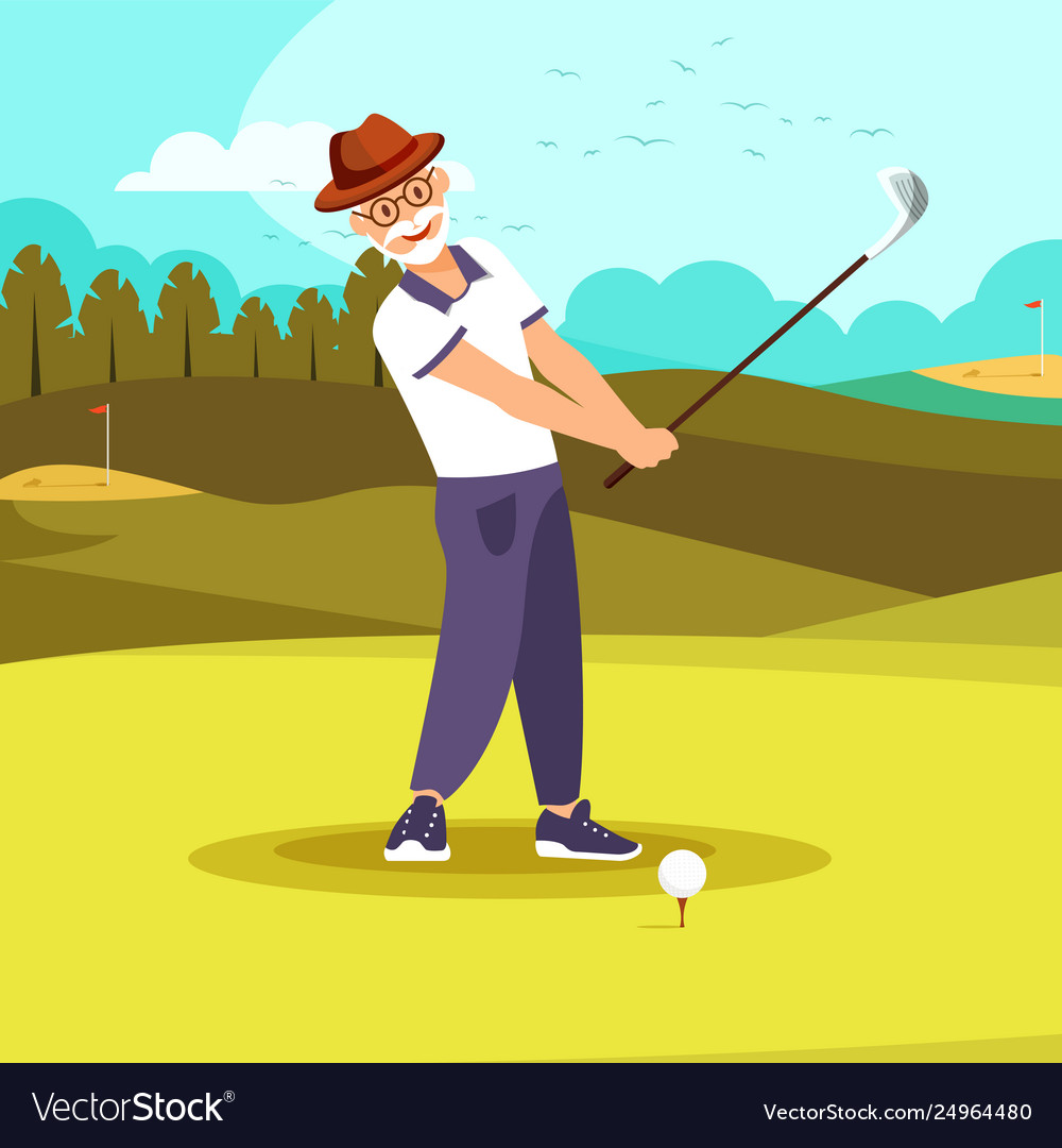 Happy elderly vigorous bearded man playing golf Vector Image