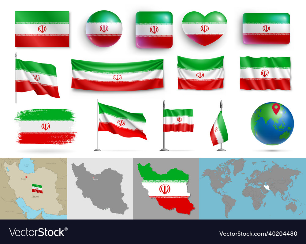 Iran flags of various shapes and geographic map