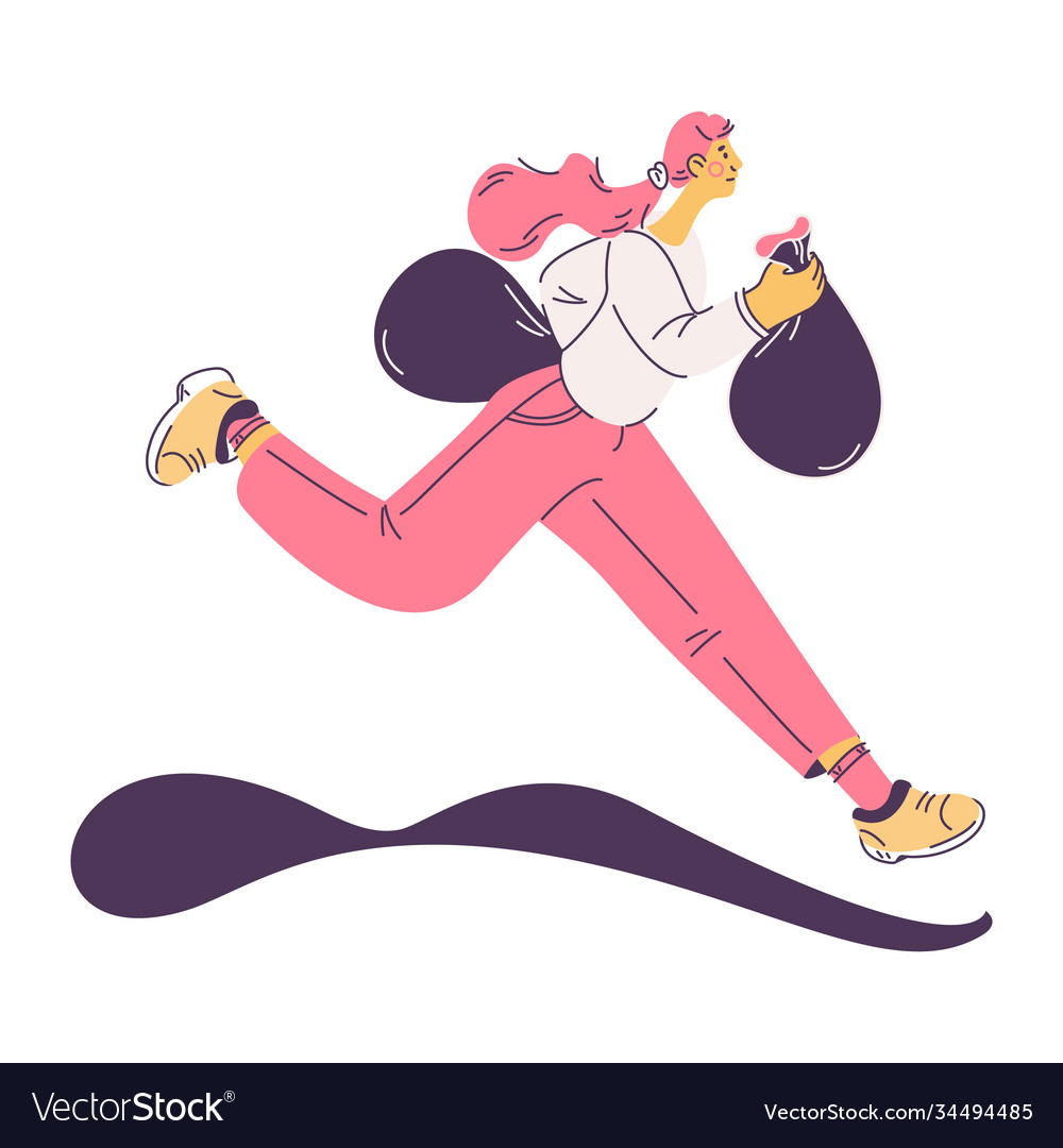 Frau jogging mit Müll flachen Umriss Charakter vector image Frau jogging mit Müll flachen Umriss Charakter