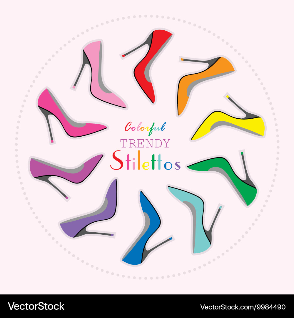 Colorful stiletto high heels set in circle layout Vector Image