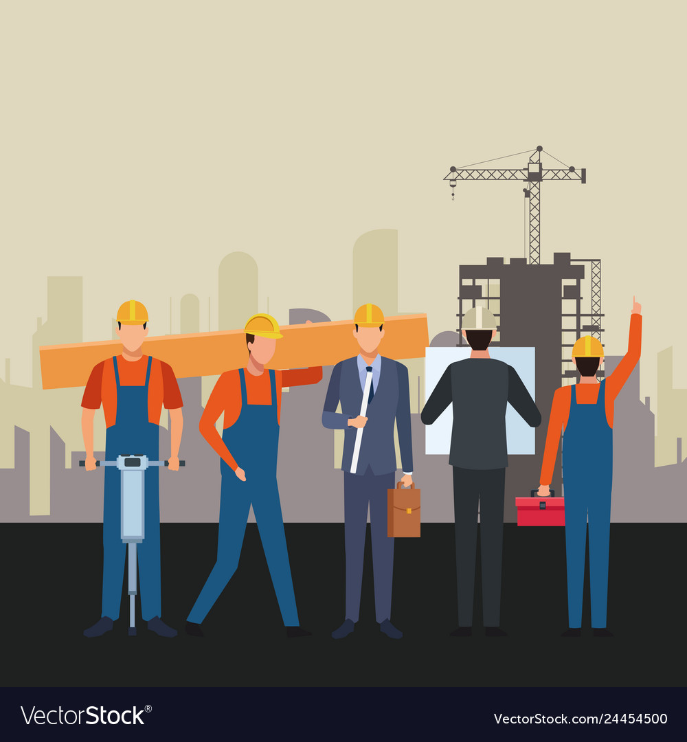 Construction workers workers tools Royalty Free Vector Image