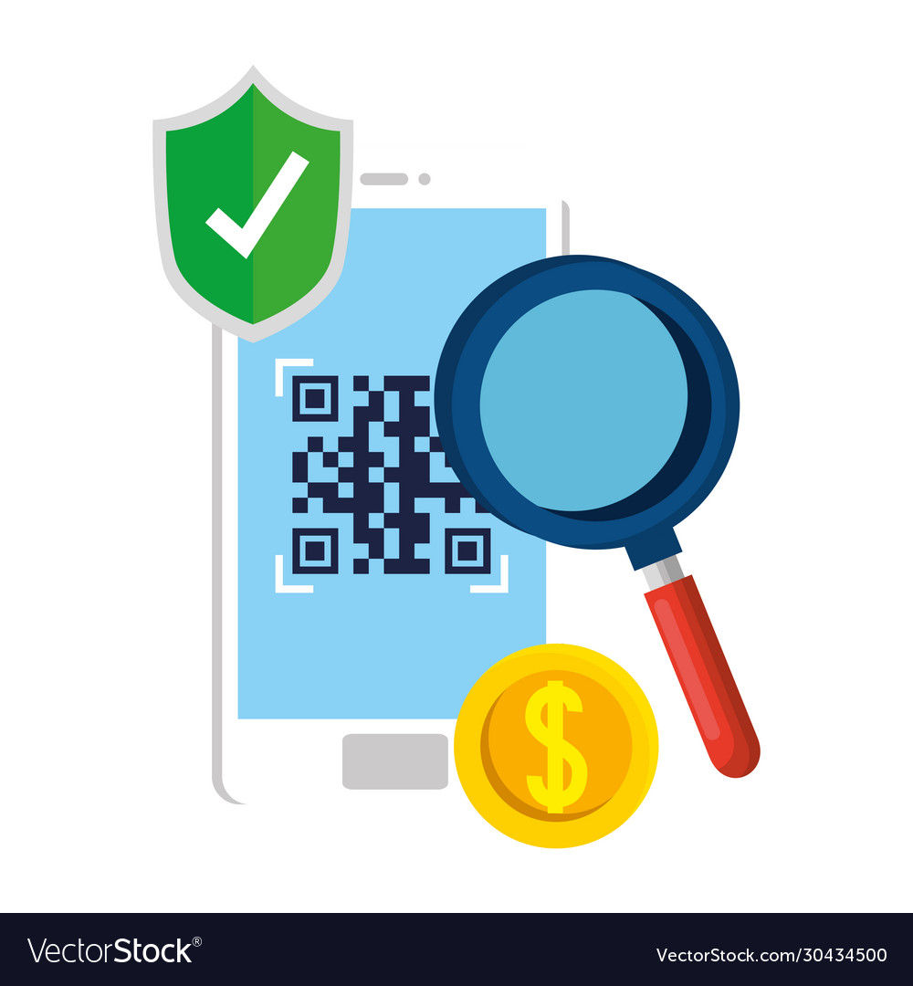 Qr code inside smartphone shield and lupe