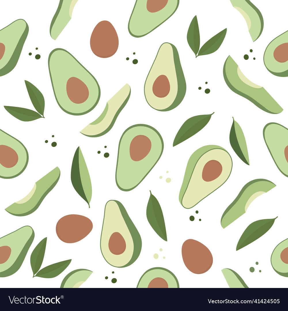 Avocado seamless pattern whole and sliced on white