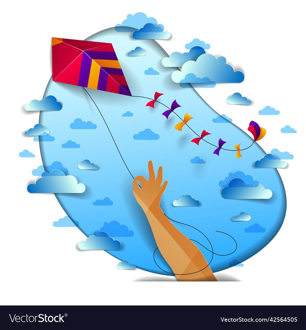 Hand holding kite over cloudy sky freedom Vector Image