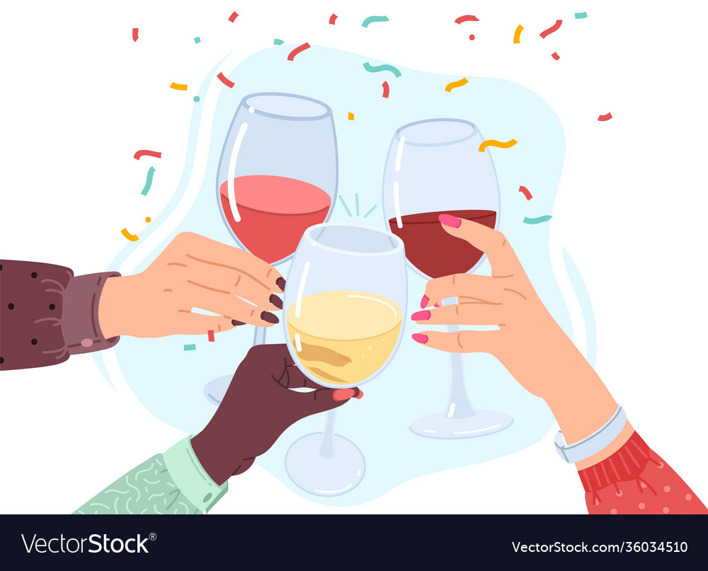 Clink glasses hands friends white red vector image Clink glasses hands friends white red