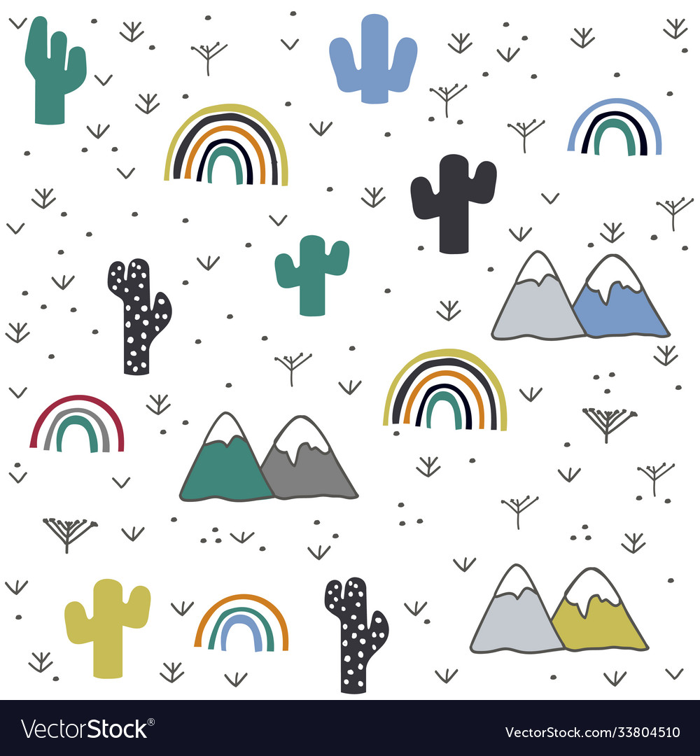 Hand gezeichneter Kaktus Berg Regenbogen Muster vector image Hand gezeichneter Kaktus Berg Regenbogen Muster
