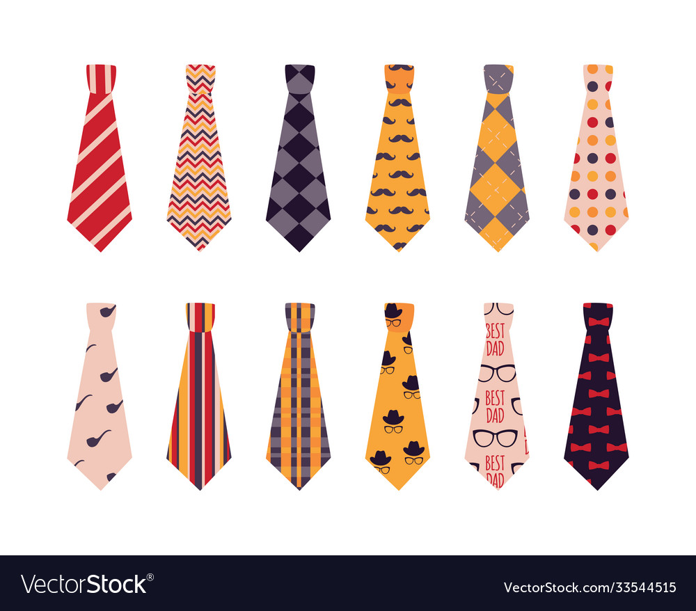 Set male ties with patterns template flat