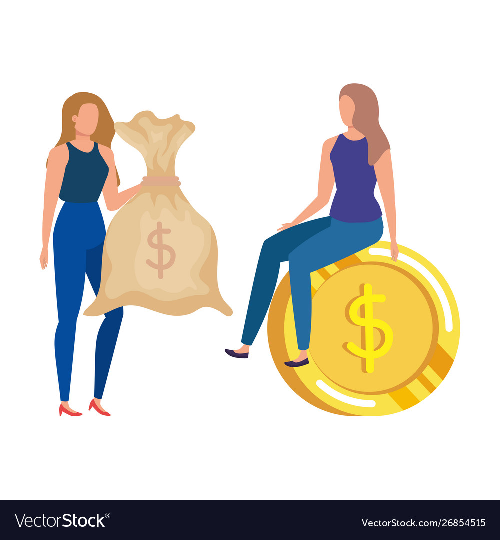 Young women with coin and money sack dollars Vector Image