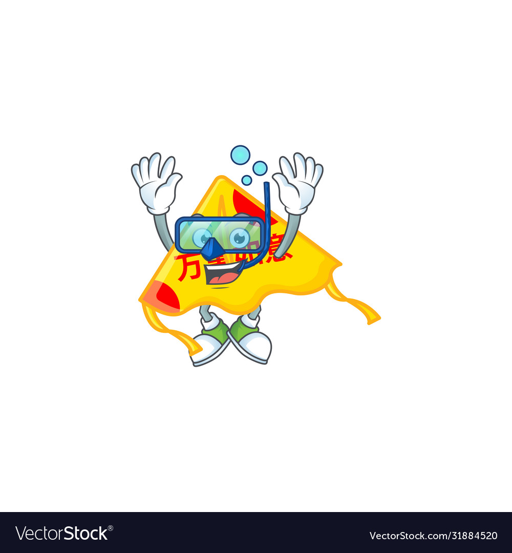 Cartoon chinese gold kite wearing diving glasses