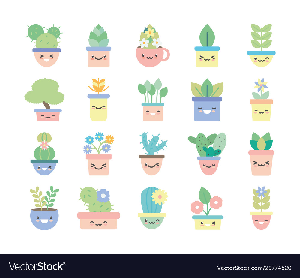 Isolated kawaii plants inside pots flat style icon