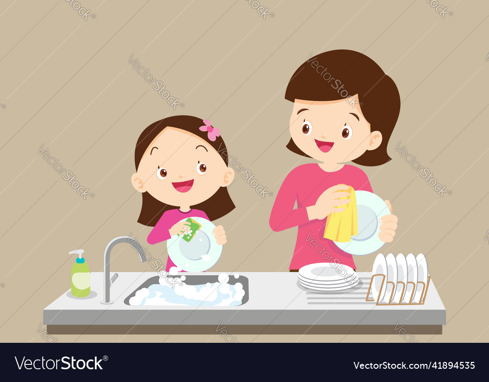 Cute little girl washing dish with mother Vector Image