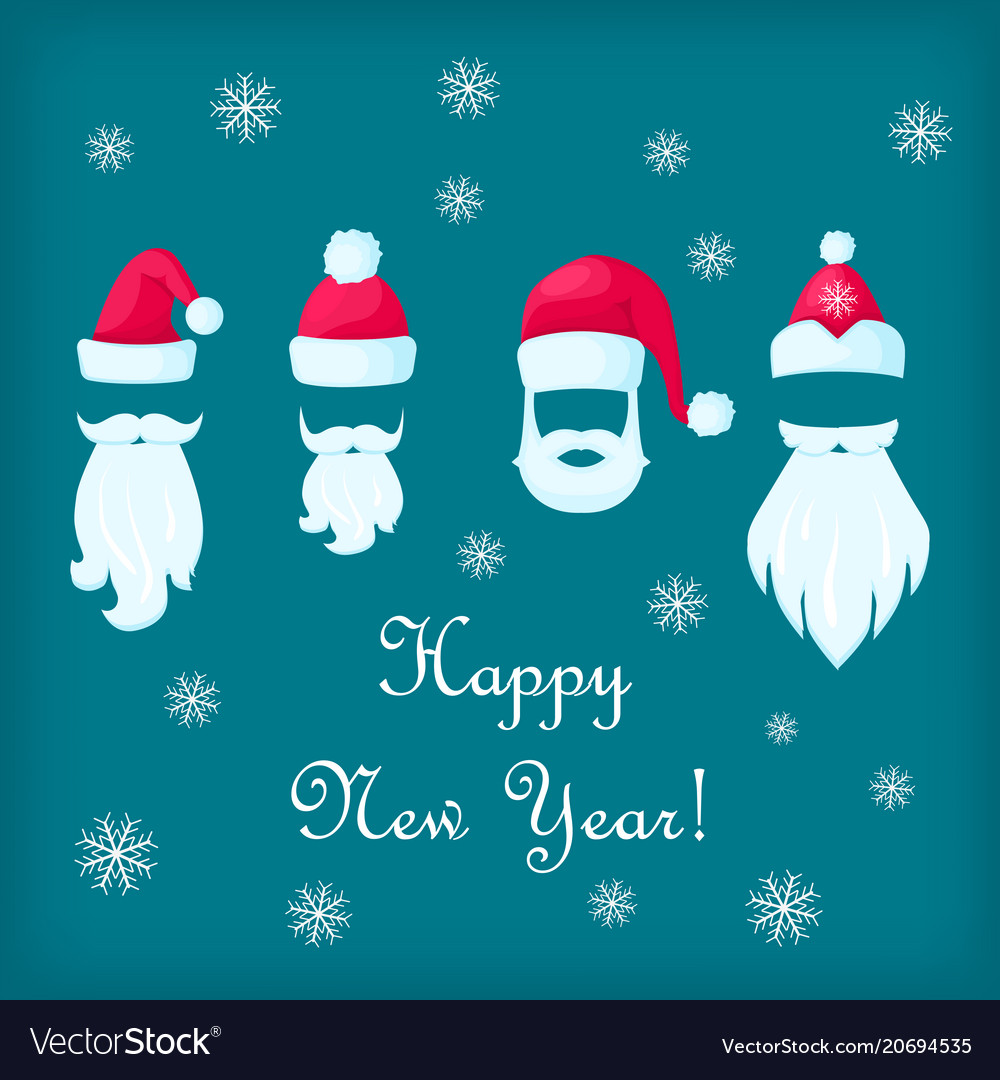 Happy new year santa claus caps and white beards