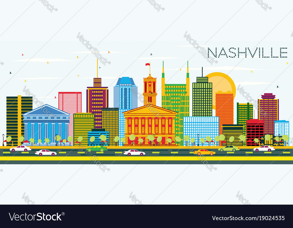 Nashville skyline with color buildings and blue Vector Image