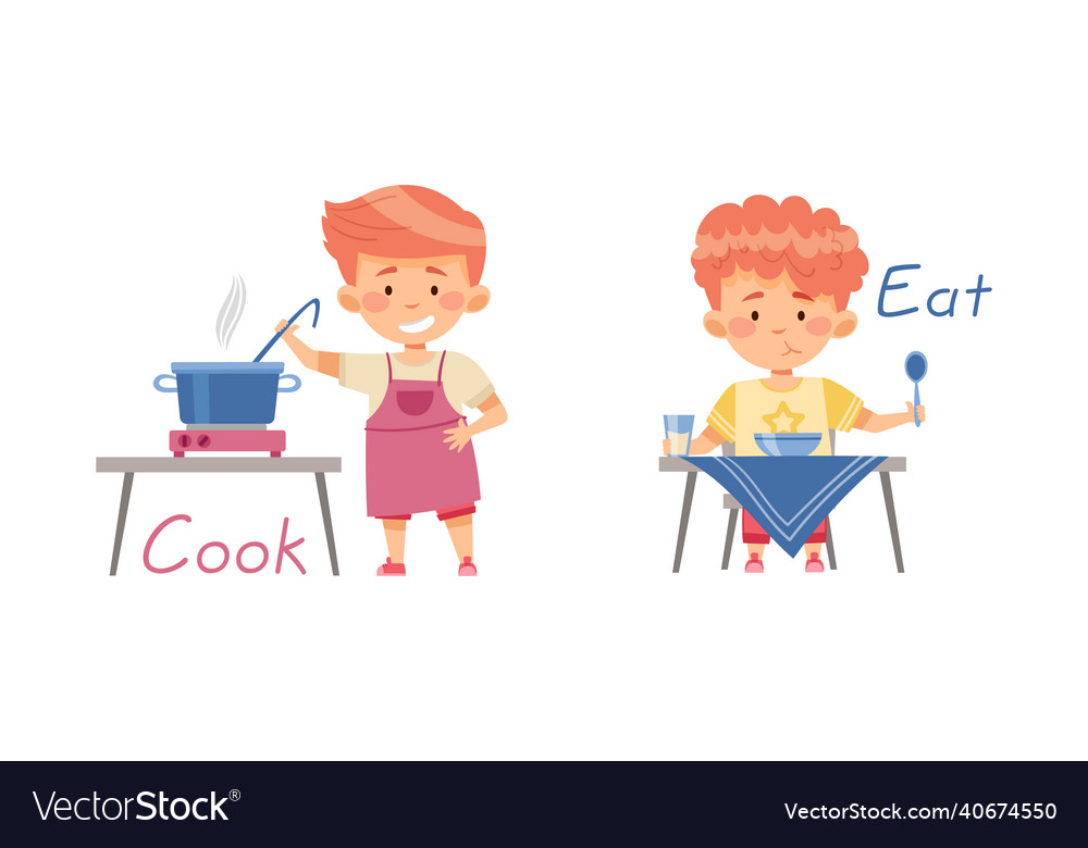 Cook And Eat English Action Verbs For Kids Vector Image