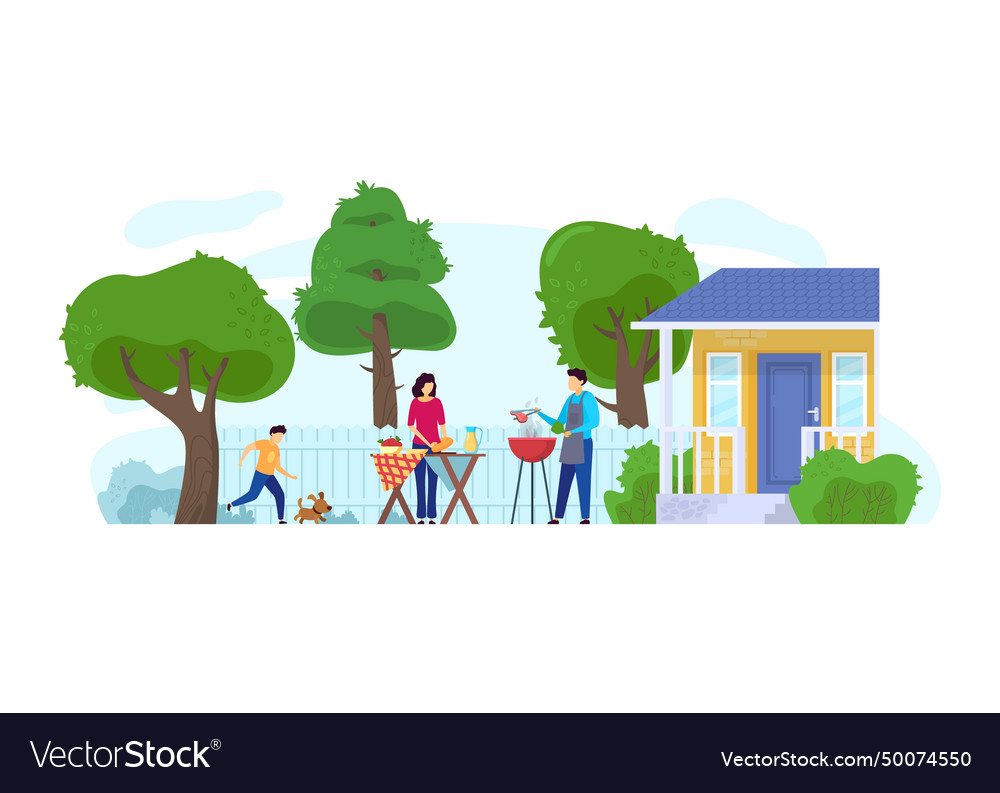 Family enjoying a backyard barbecue near their Vector Image