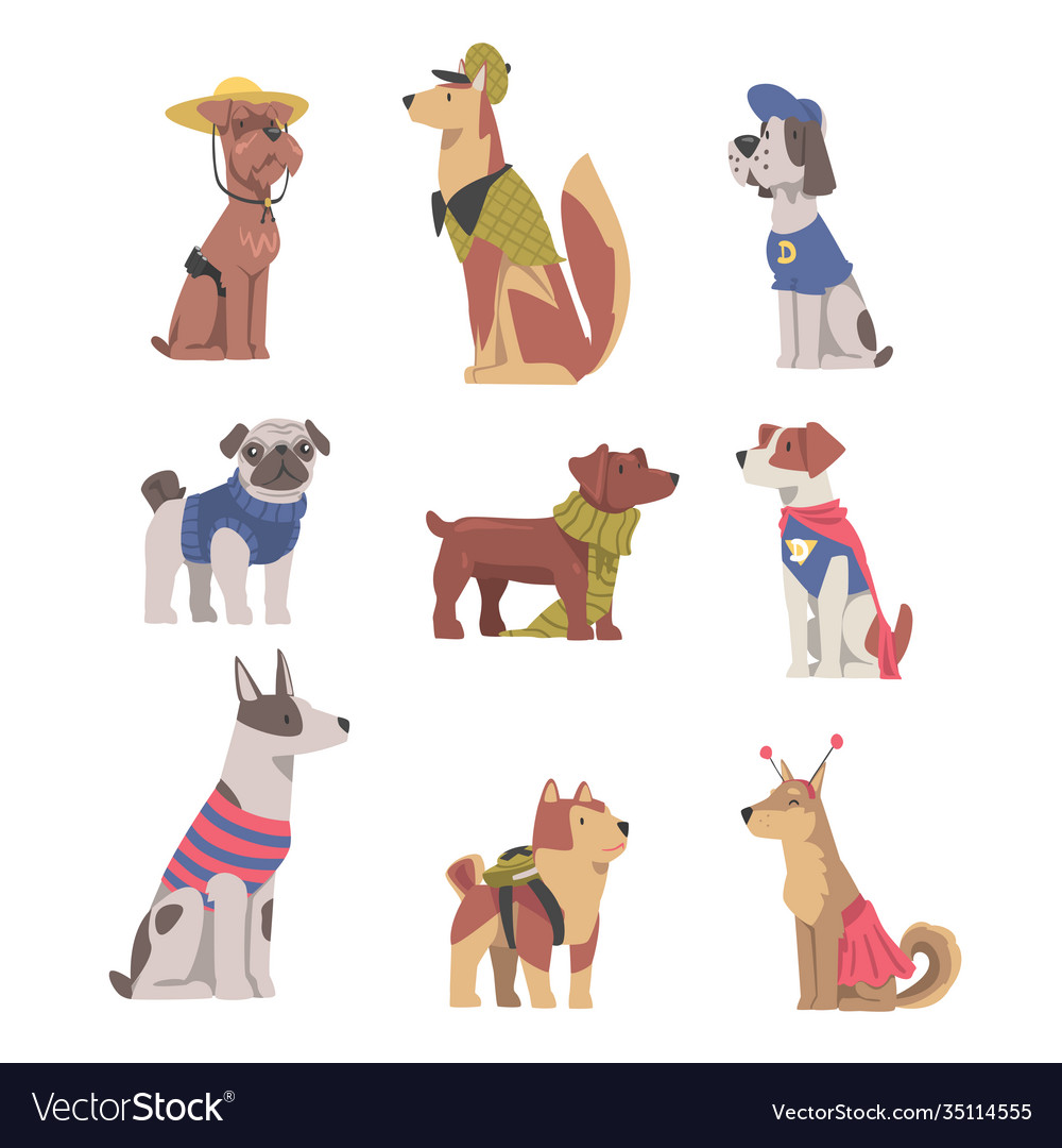 Cute Dogs In Festive Costumes Set Funny Pets Vector Image