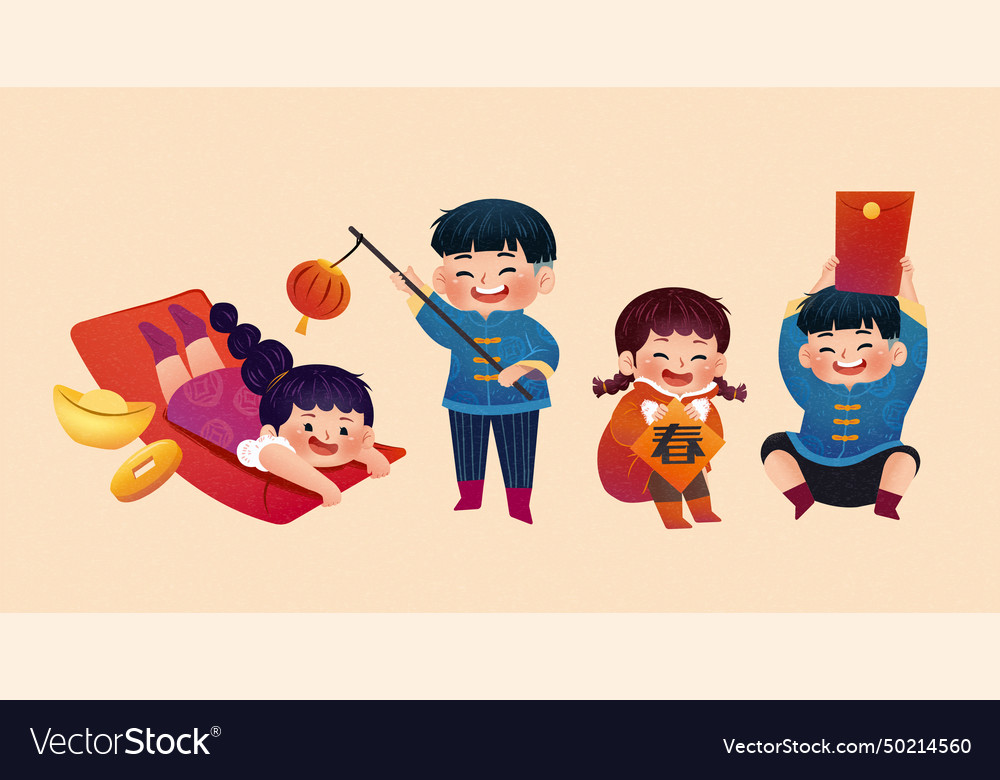 Cny them asian children characters Royalty Free Vector Image