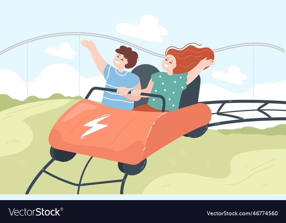 Happy kids riding roller coaster flat Royalty Free Vector