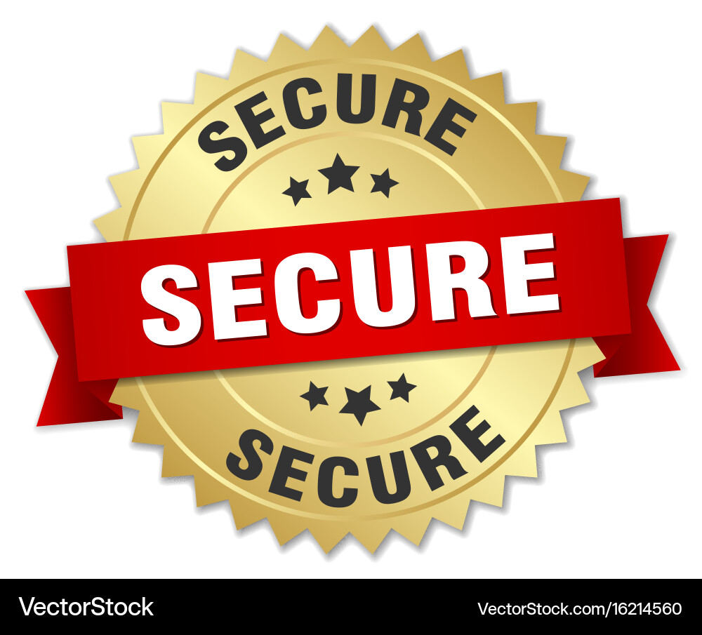 Secure 3d gold badge with red ribbon Royalty Free Vector