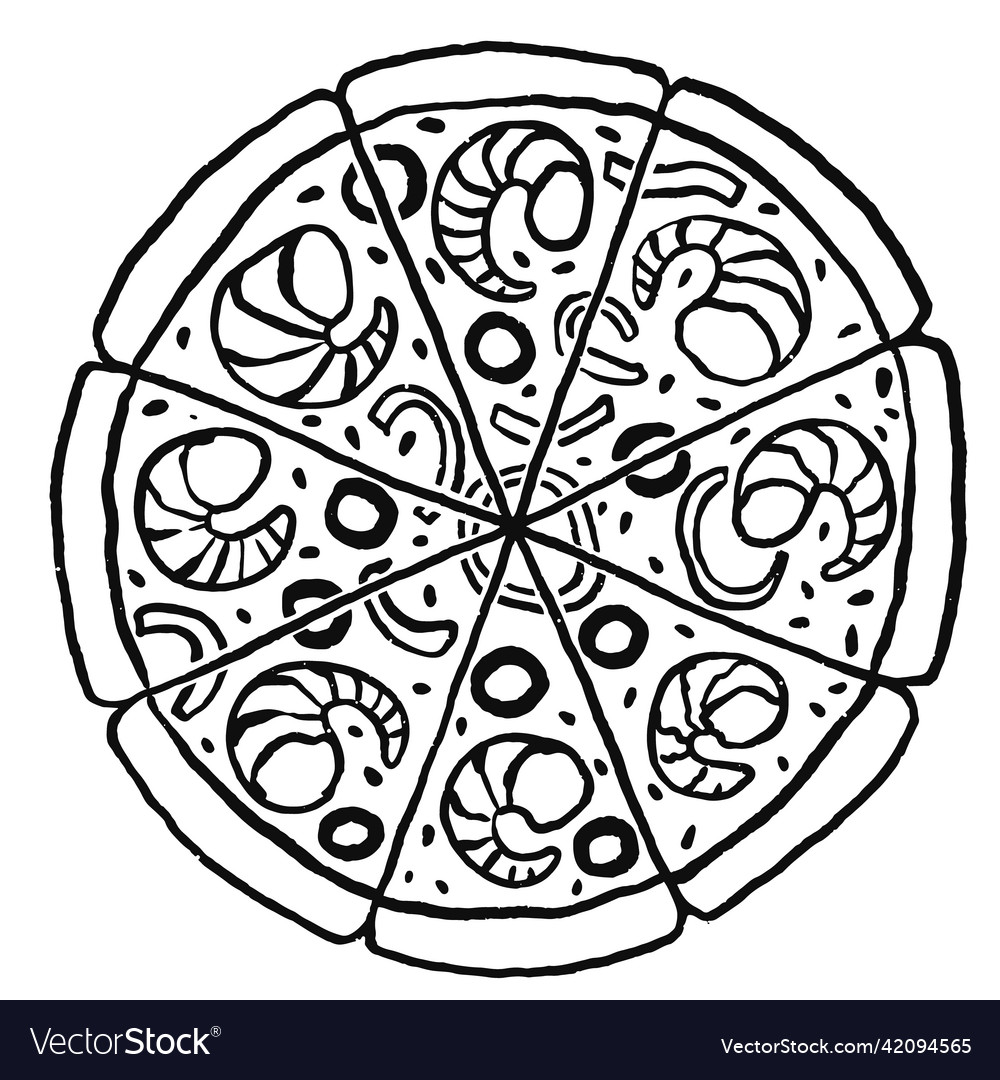 Seafood italian pizza top view hand drawn sketch