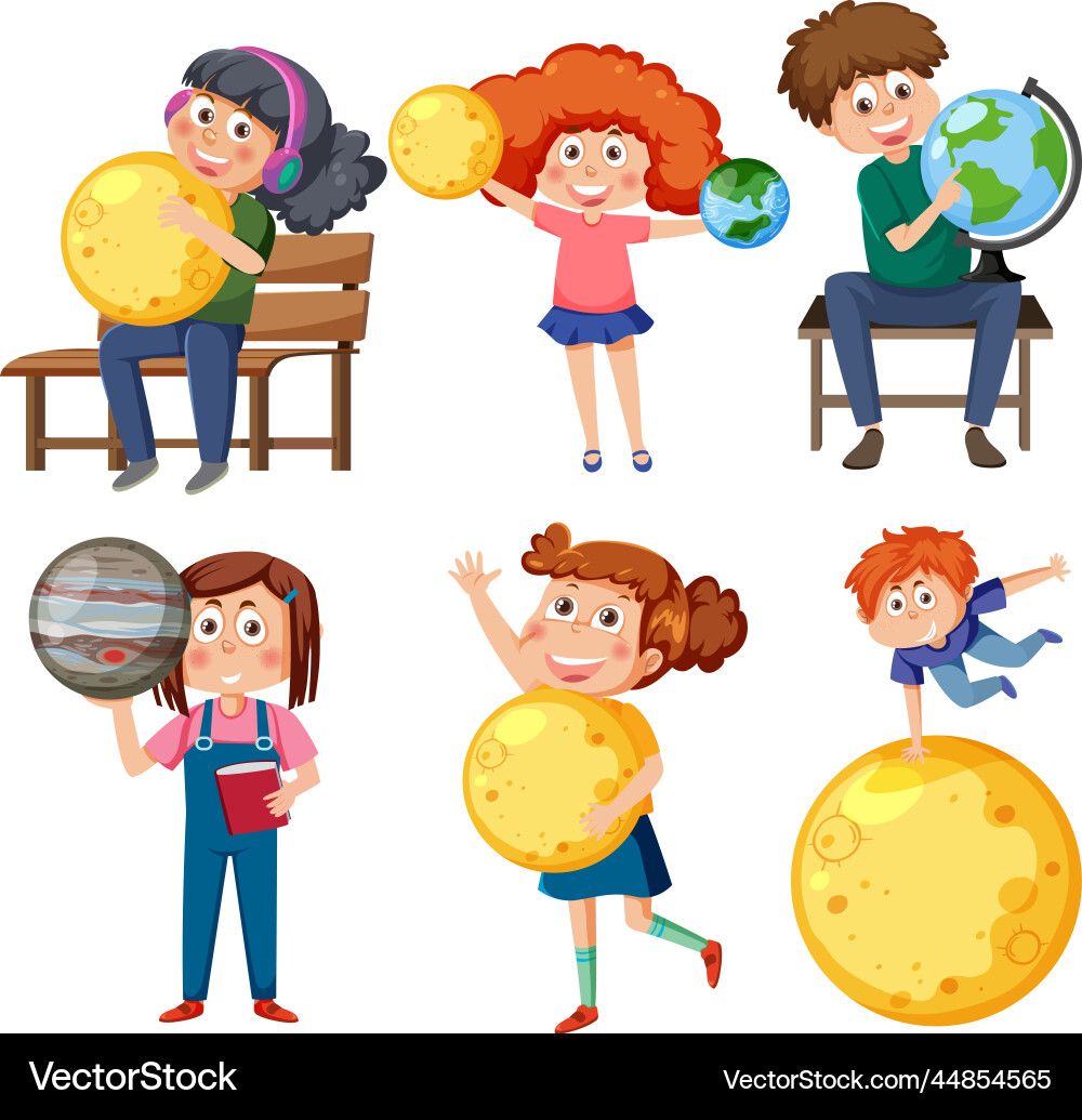 Set of student kids learning astronomy Royalty Free Vector