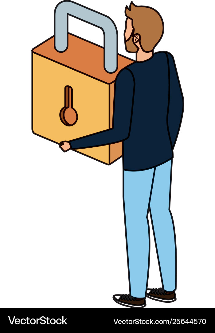 Man lifting safe secure padlock Royalty Free Vector Image