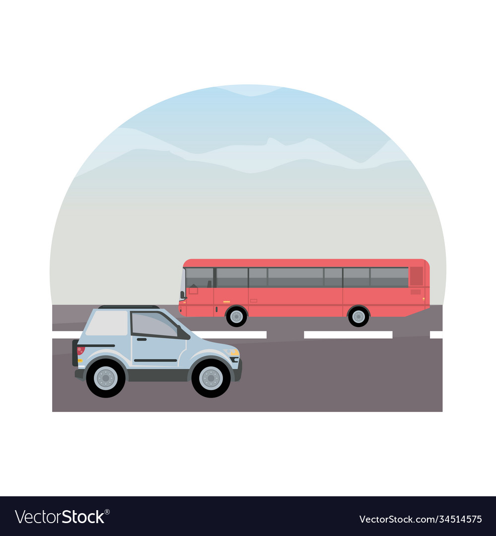 White camper and red bus vehicles mockup icon