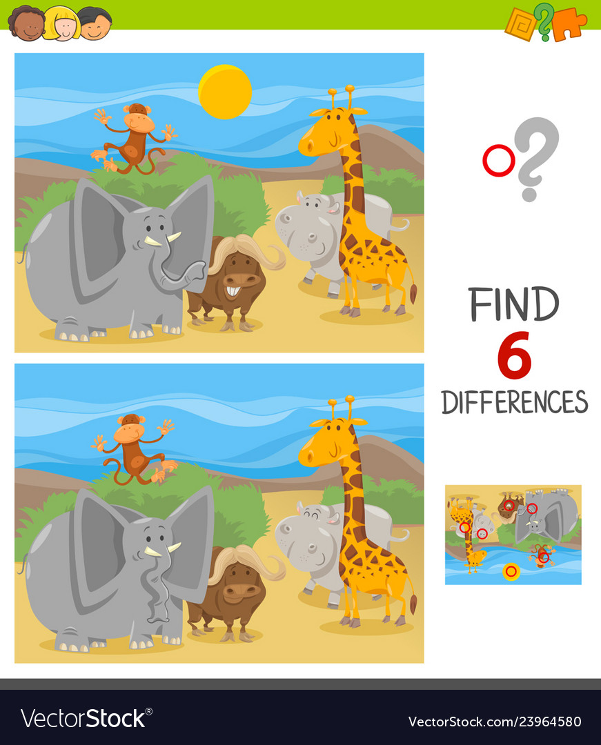 Find differences game with cartoon animals Vector Image