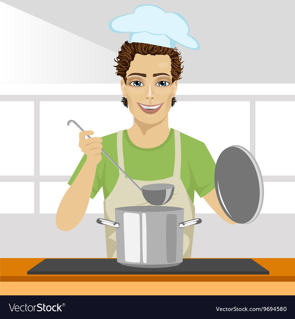 Young chef wearing cooking at stove Royalty Free Vector