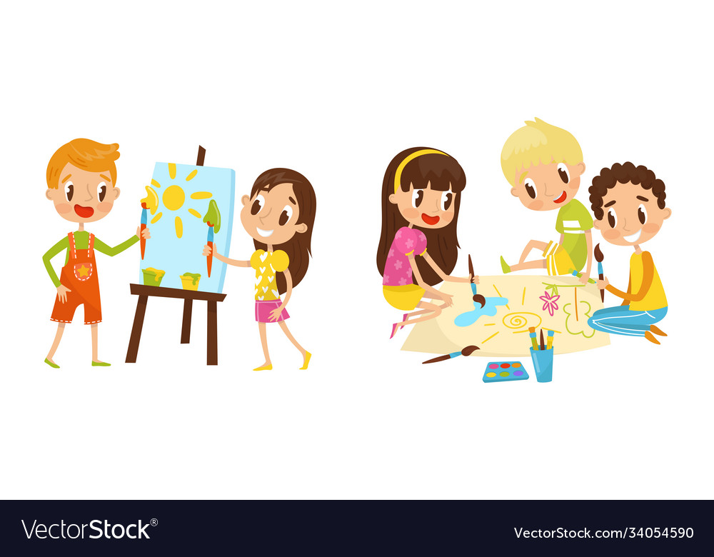 Kids drawing with paints and hair-pencil Vector Image