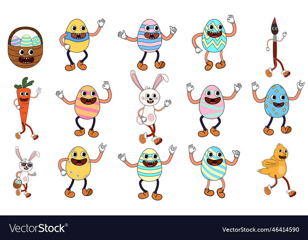 Set of easter eggs bunny basket groovy cartoon vector image Set of easter eggs bunny basket groovy cartoon
