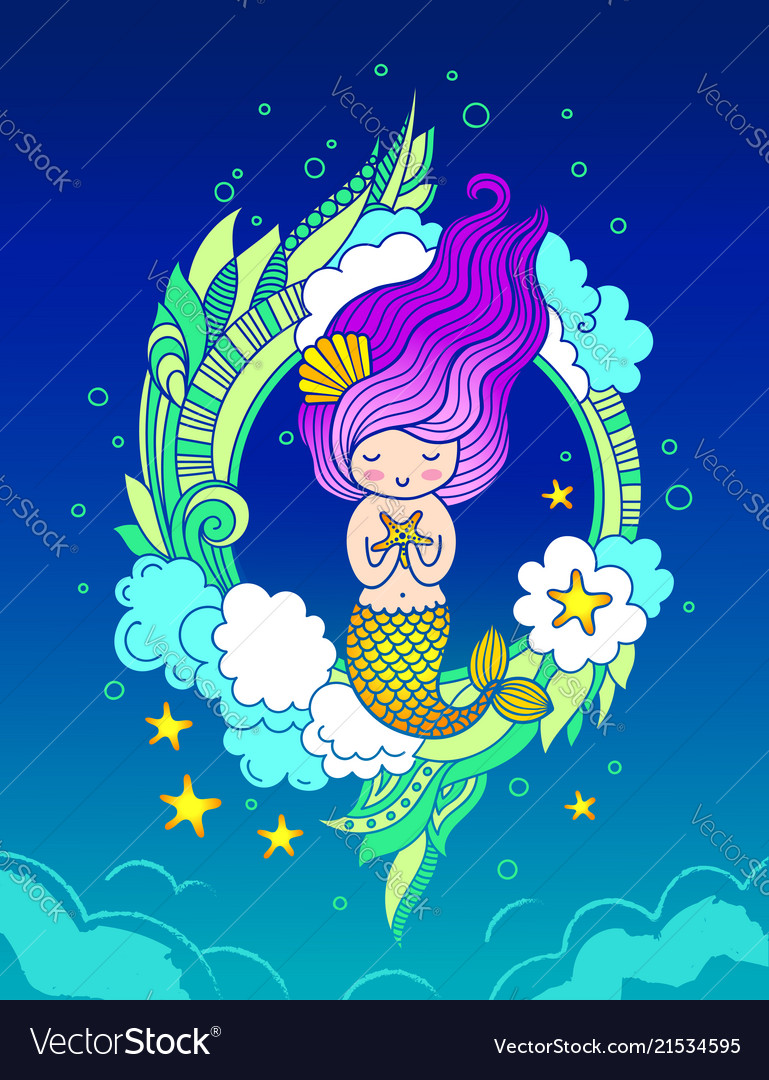 Cute magic mermaid with starfish and long violet Vector Image