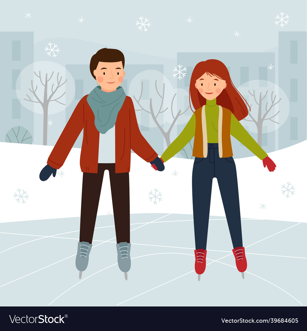 Couple on the skating rink in the park boy Vector Image Couple on the skating rink in the park boy Vector Image