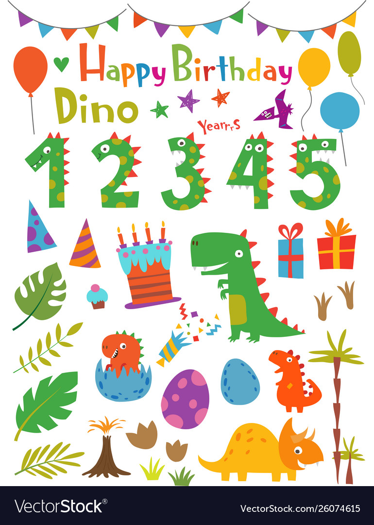 Cartoon Funny Dinosaurs And Design Elements Vector Image