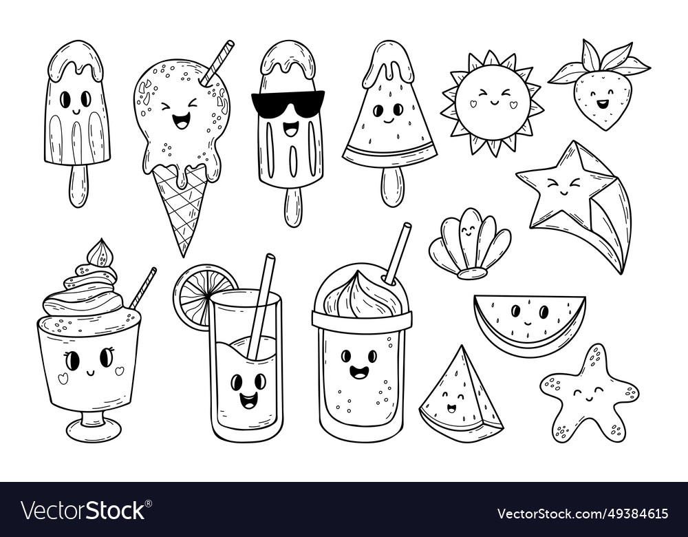 Sweet food doodles set kawaii characters cream