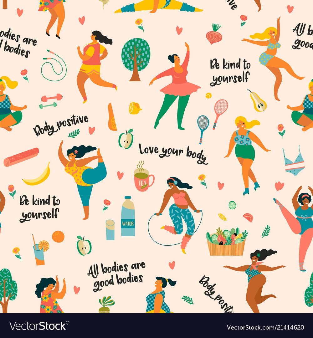 Body positive happy plus size girls and active vector image Body positive happy plus size girls and active