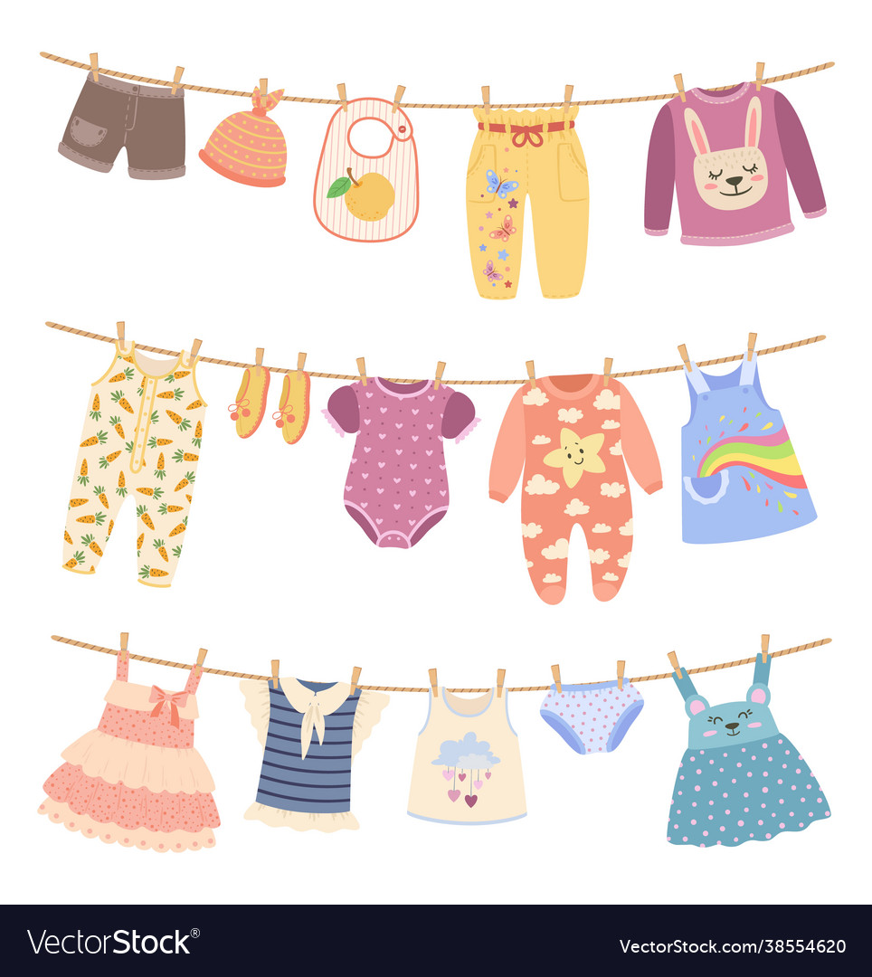 Kids clothes on ropes with clothespin cute child Vector Image