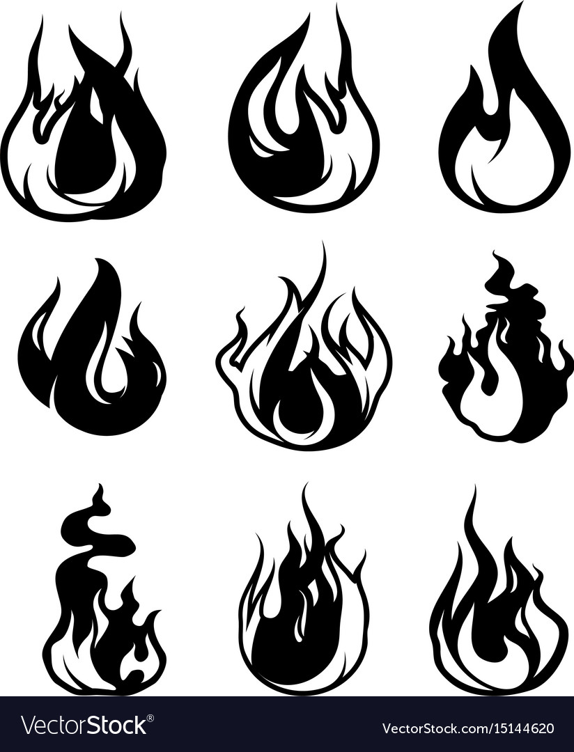 Monochrome symbols flame black icons Royalty Free Vector