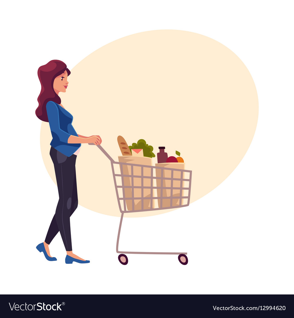Young pregnant woman pushing shopping cart with Vector Image Young pregnant woman pushing shopping cart with vector image on... 