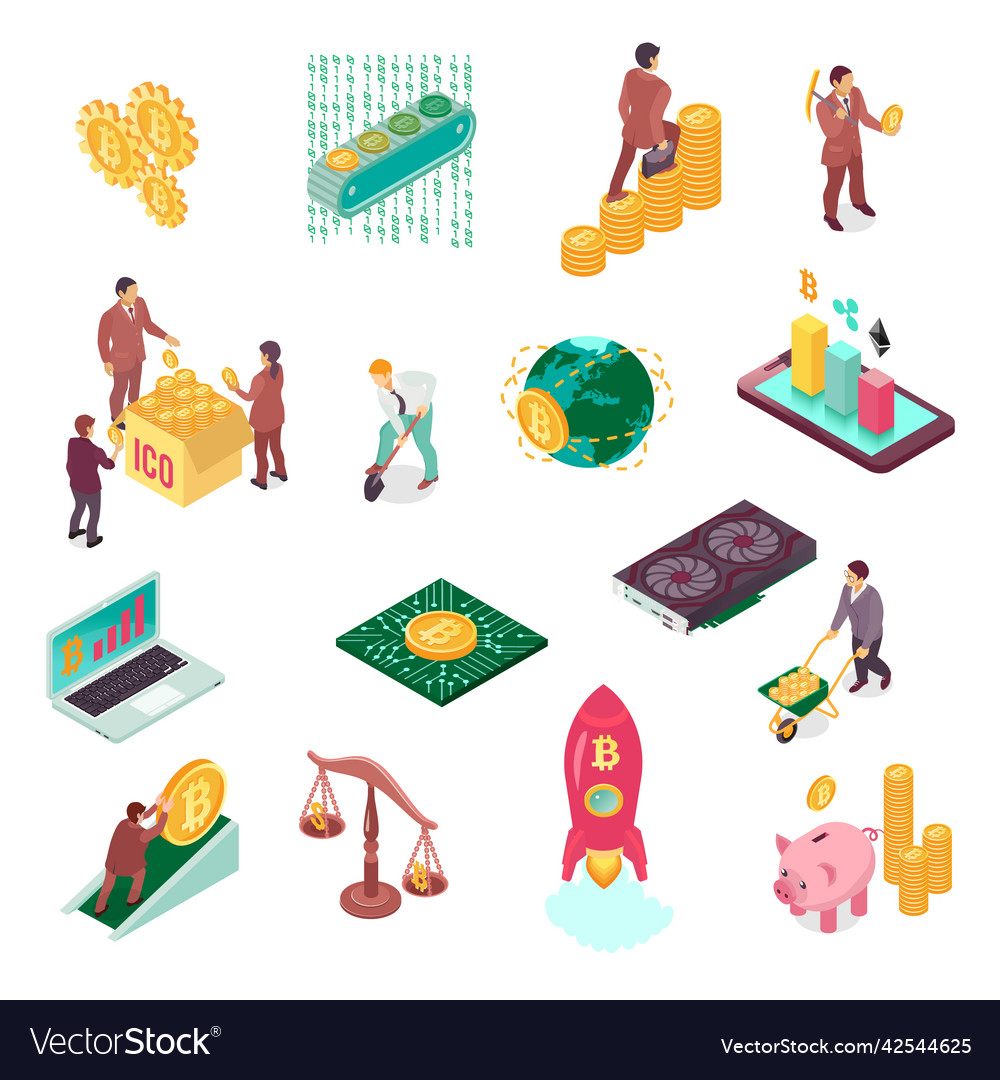 Blockchain cryptocurrency isometric set Royalty Free Vector