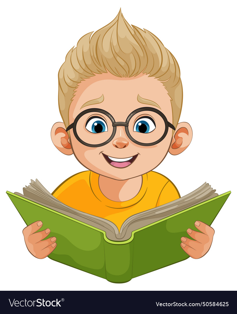 Cartoon boy with glasses reading a green book Vector Image