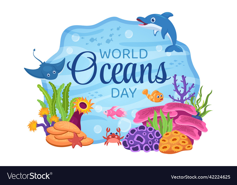 World ocean day cartoon with underwater scenery