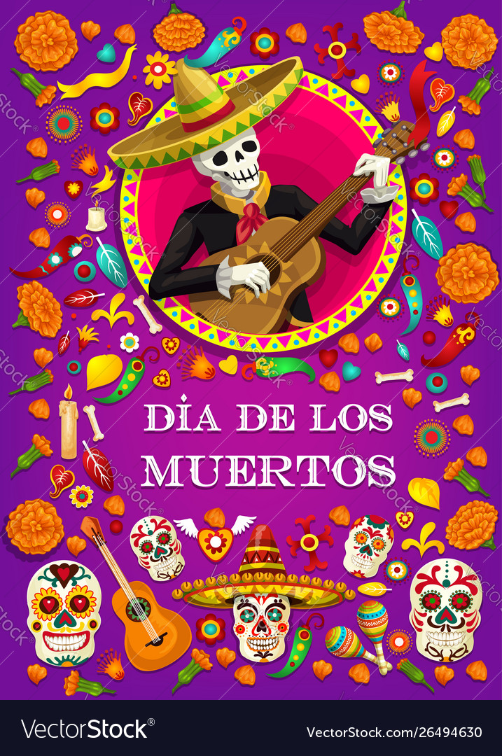 Dia de los muertos skeleton with mexican guitar Vector Image