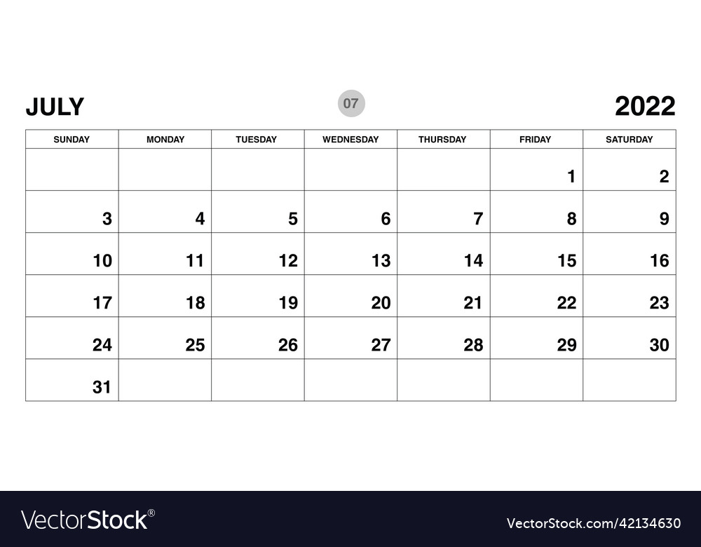 July 2022 year planner template- calendar Vector Image