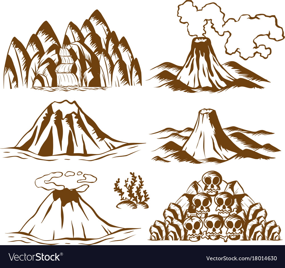 Mountains and volcano on white background