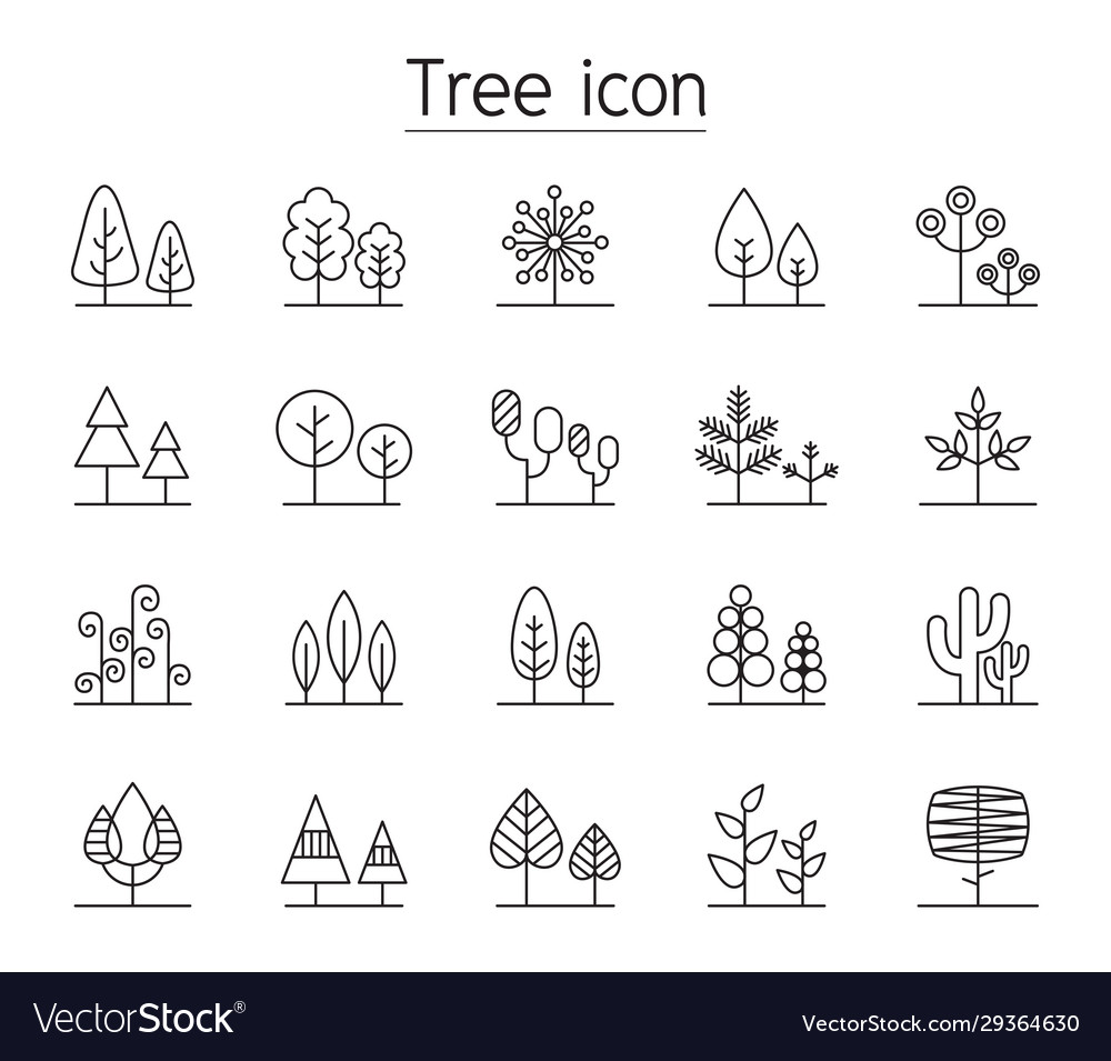 Tree icon set in thin line style vector image Tree icon set in thin line style