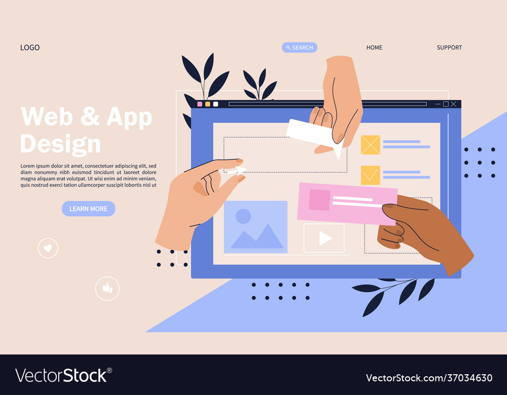 Web design concept with hands placing elements vector image Web design concept with hands placing elements