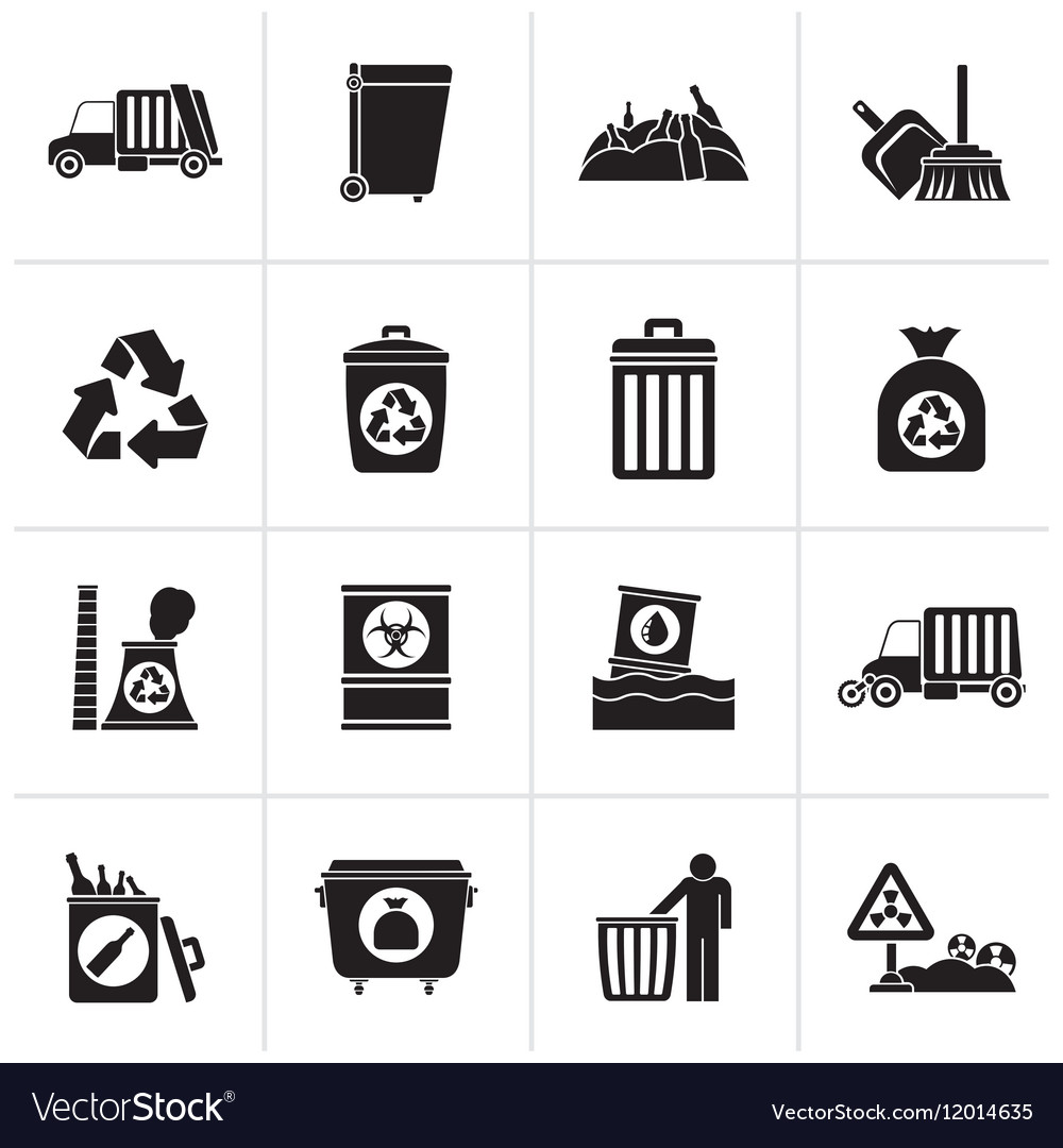 Black garbage cleaning and rubbish icons