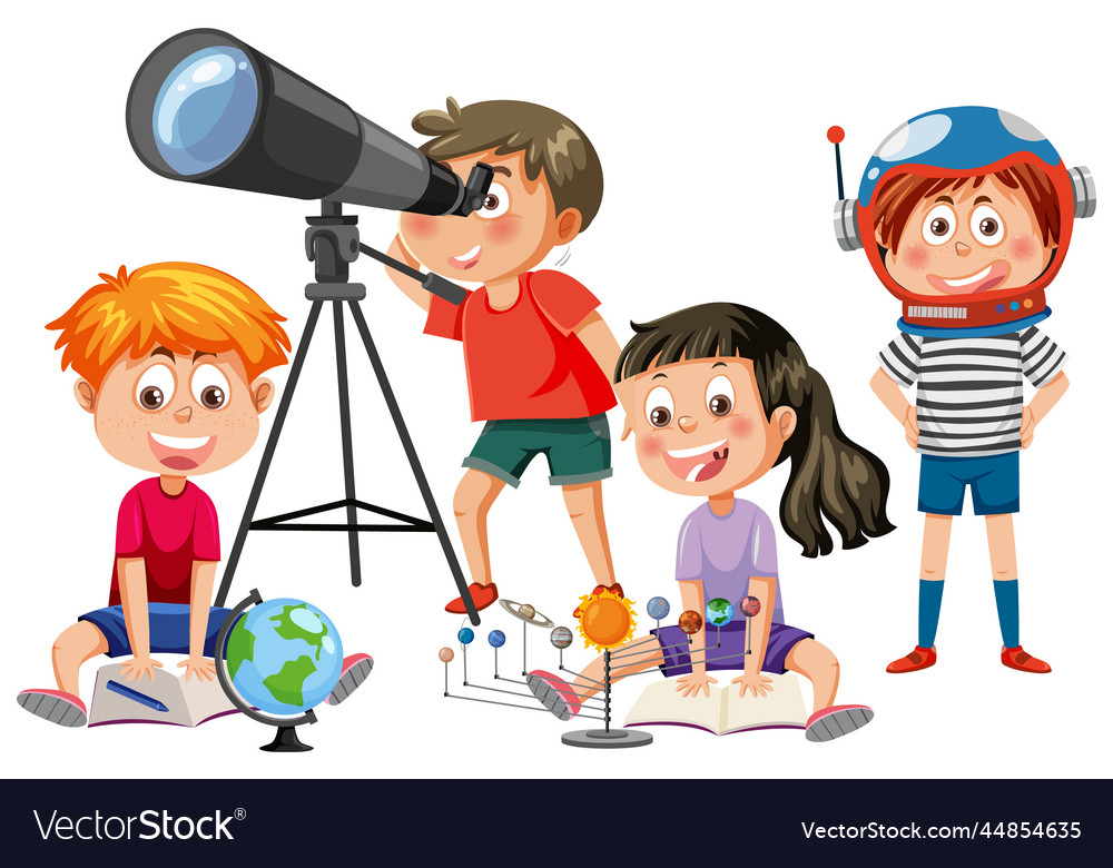 Kids observing through telescope Royalty Free Vector Image