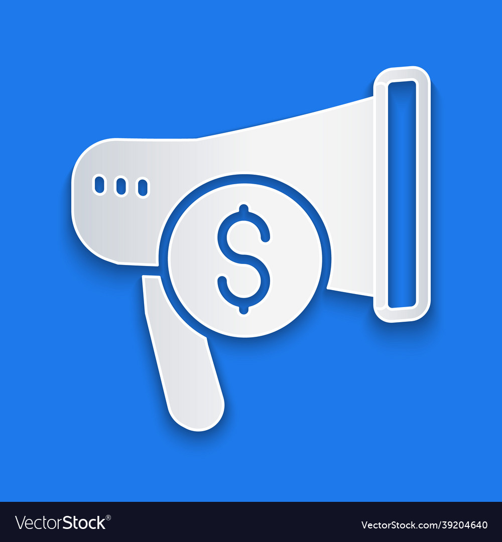 Paper cut megaphone and dollar icon isolated